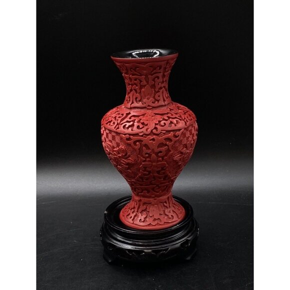 Other - Red Cinnabar Carved Floral Decor 5 3/4' Vase on Wood Base